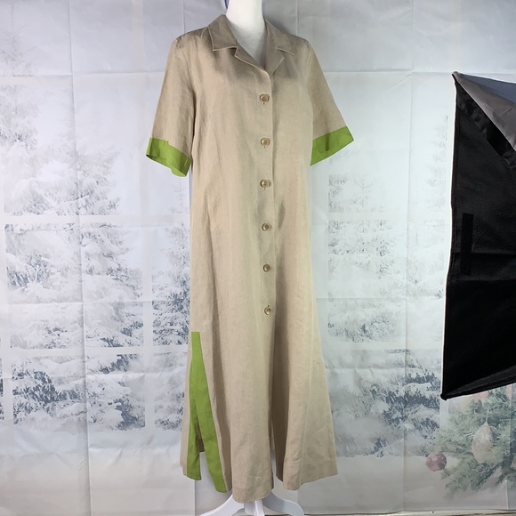 Marina Rinaldi Puro Lino Linen Green Contrast Trim Side Slit Button Midi Dress - Picture 11 of 15